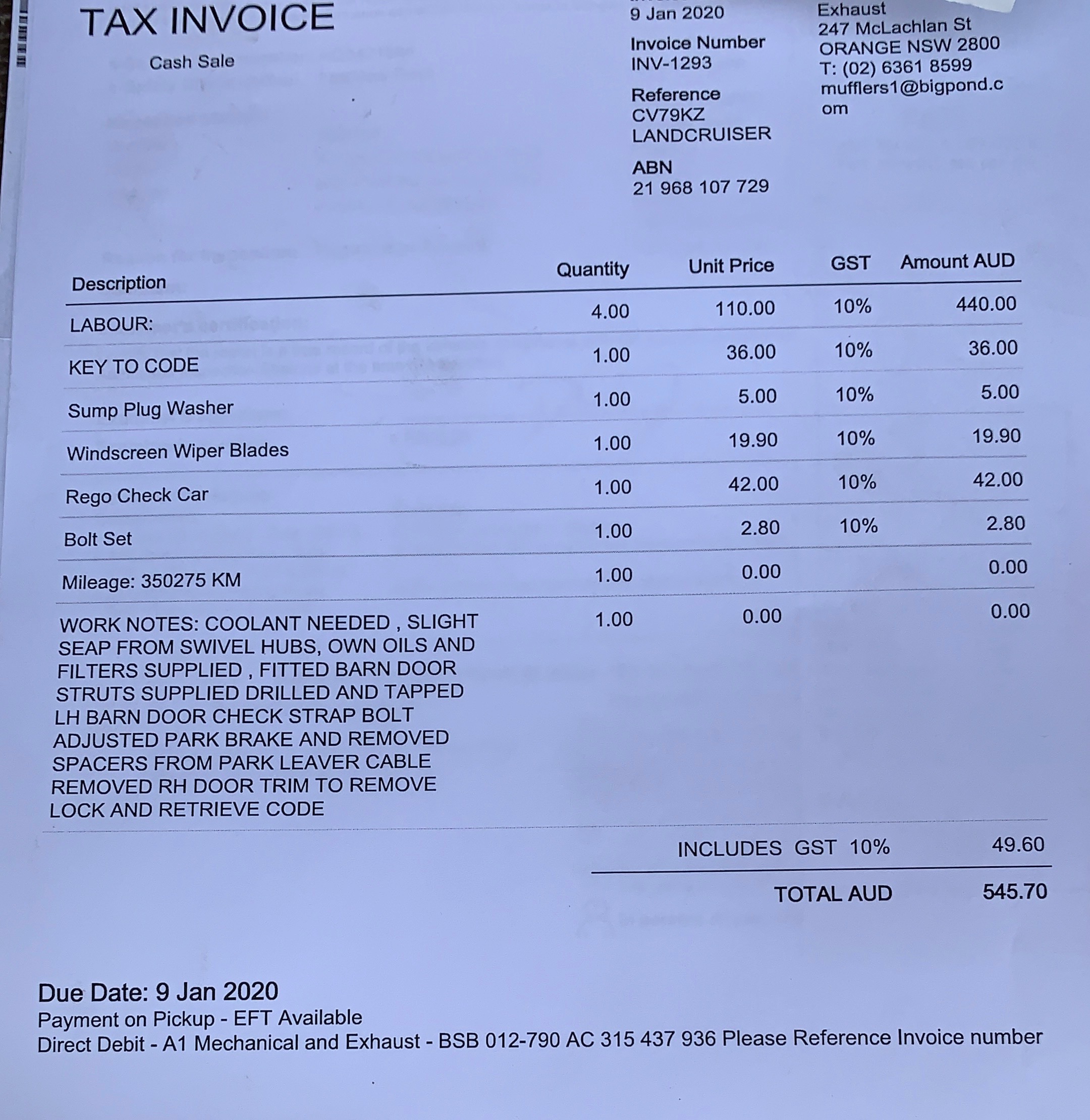 Receipt from A1 Mechanical